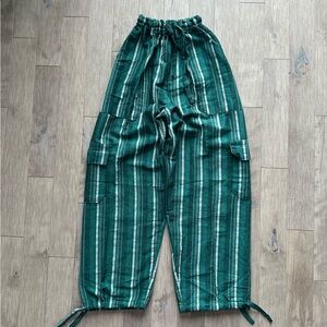 Peruvian Handmade Green Striped Straight Leg Cotton Pants Medium